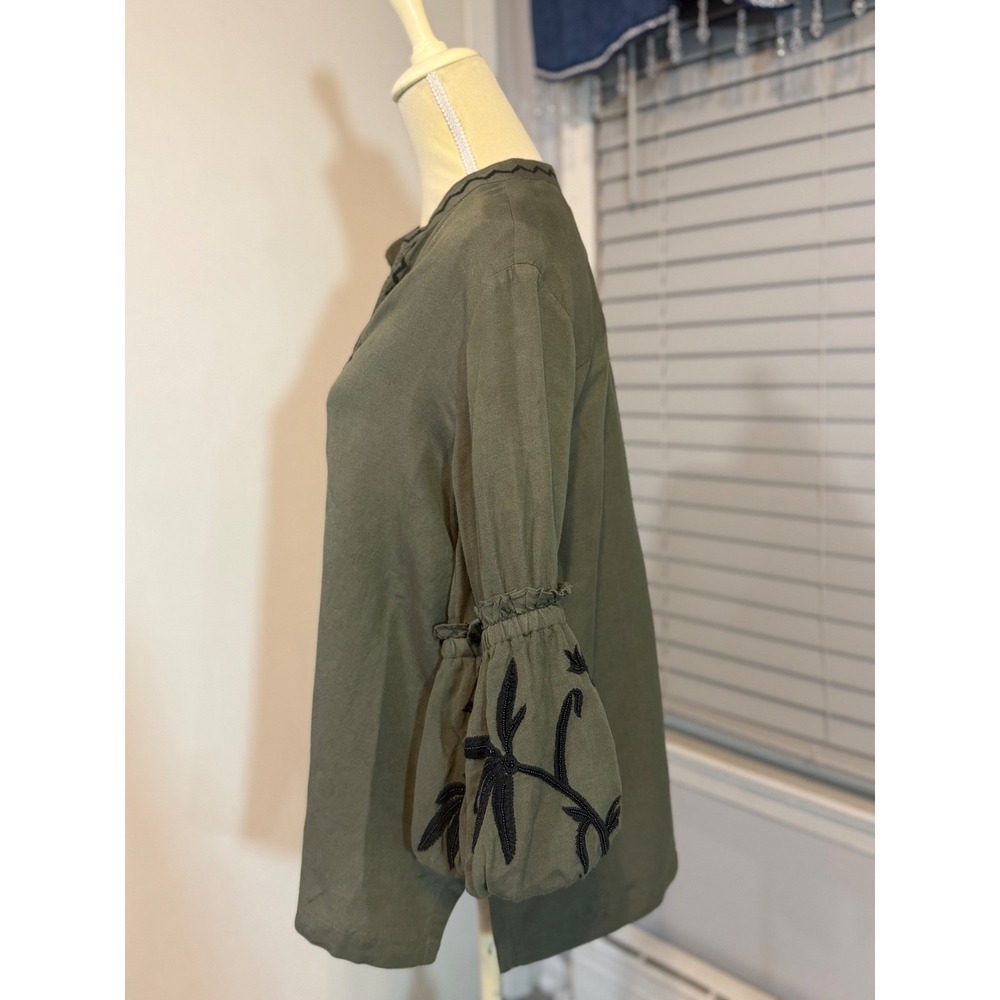 Chico's Olive Green Linen Blend Embroidered Balloon Sleeve Tunic Top XL Boho - Picture 3 of 11